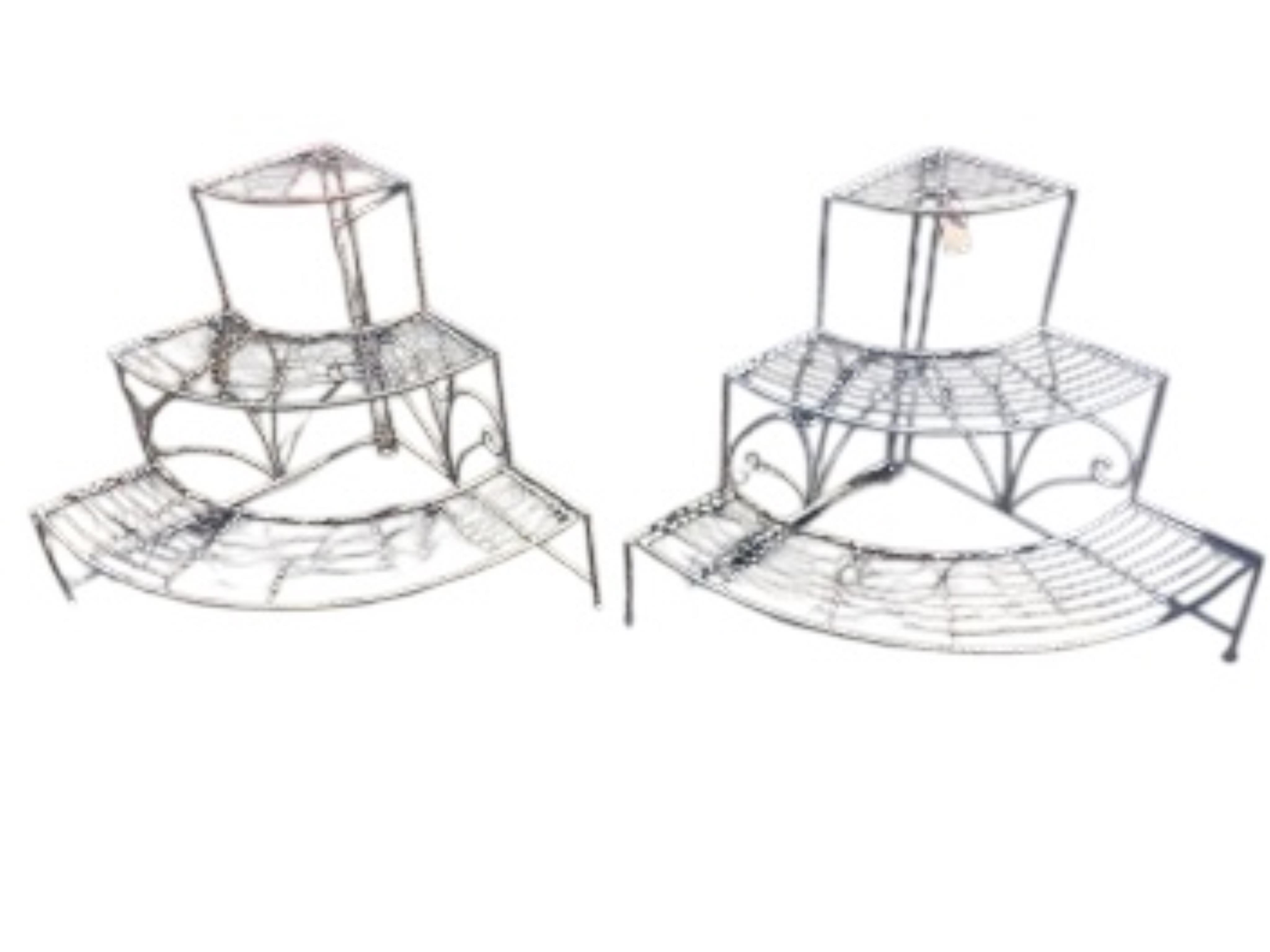 A pair of Victorian style painted metal three tier corner pot stands, each width 83cm, depth 59cm, height 60cm